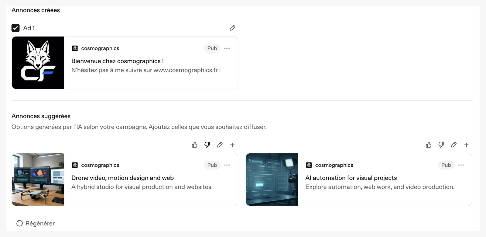 L’étape de création des annonces : sous l’annonce rédigée en français par l’annonceur, deux « annonces suggérées » générées par l’IA, toutes deux en anglais, accompagnées d’un bouton Régénérer.