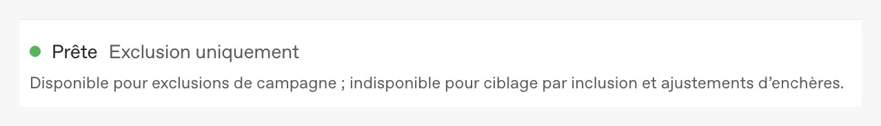 Le statut d’une liste de clients importée dans le gestionnaire : « Prête — Exclusion uniquement », avec la précision « Disponible pour exclusions de campagne ; indisponible pour ciblage par inclusion et ajustements d’enchères ».