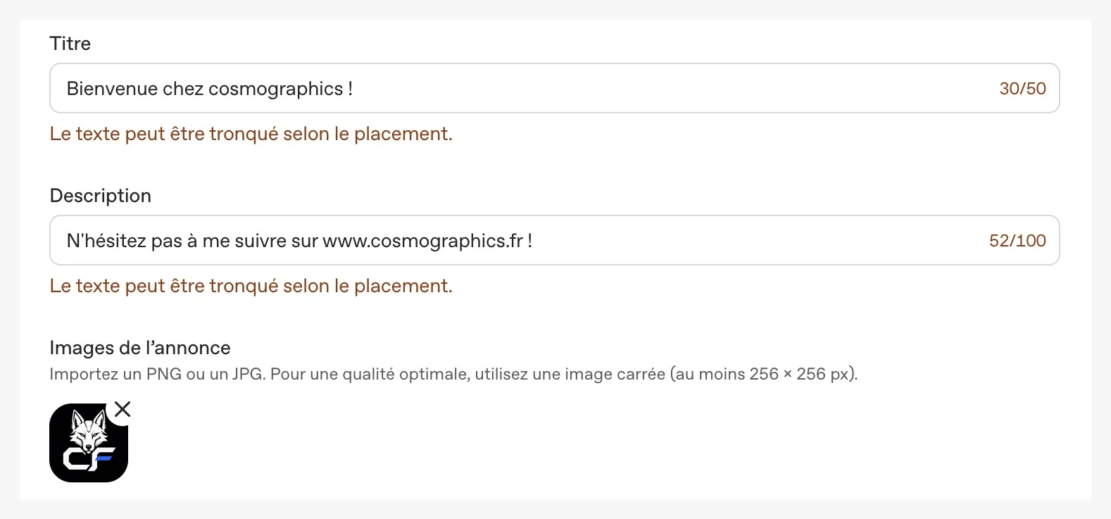 Le formulaire de création d’annonce : le titre affiche 30 sur 50 caractères et la description 52 sur 100, chacun surmonté de l’avertissement « Le texte peut être tronqué selon le placement », et la consigne d’image indique « au moins 256 × 256 px » pour une qualité optimale.