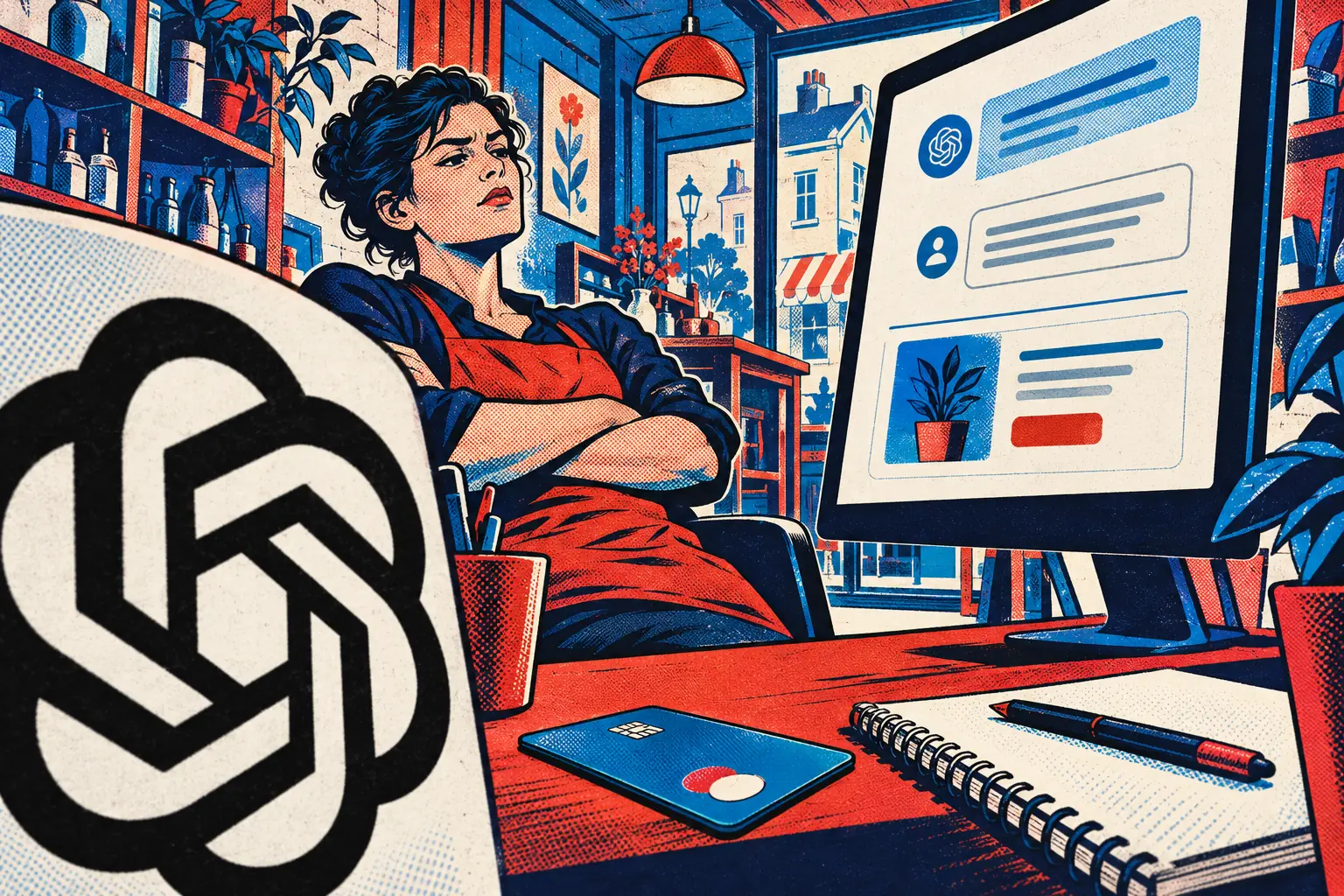 Illustration de couverture, style couverture de comic : une dirigeante de petite entreprise, bras croisés, évalue d’un œil sceptique une annonce sponsorisée affichée sous une réponse de ChatGPT sur son écran. Le logo d’OpenAI occupe tout le premier plan à gauche, une carte bancaire est posée sur le bureau.