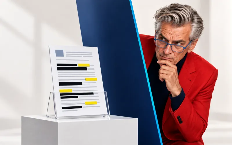 Un homme aux cheveux gris, veste rouge et lunettes bleues, observe d'un air soupçonneux un document posé sur un socle blanc, dont certaines lignes sont masquées en noir et d'autres surlignées en jaune.